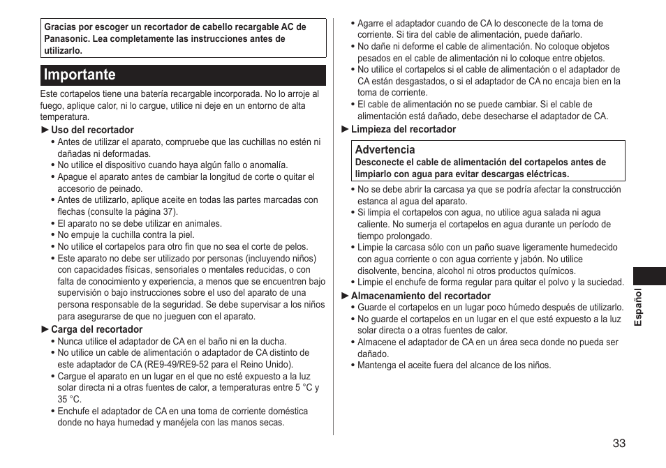 Importante | Panasonic ERGC70 User Manual | Page 33 / 120