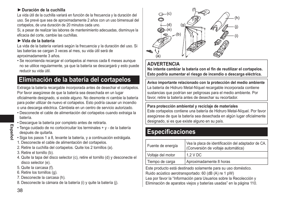 Eliminación de la batería del cortapelos, Especificaciones | Panasonic ERGC70 User Manual | Page 38 / 120