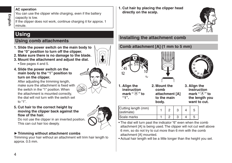 Using, Installing the attachment comb, Using comb attachments | Panasonic ERGC70 User Manual | Page 4 / 120