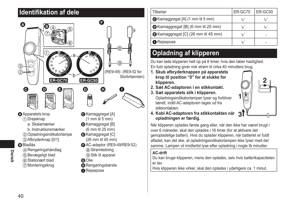 Identifikation af dele, Opladning af klipperen | Panasonic ERGC70 User Manual | Page 40 / 120
