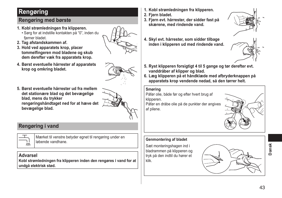 Rengøring, Rengøring med børste, Rengøring i vand | Panasonic ERGC70 User Manual | Page 43 / 120