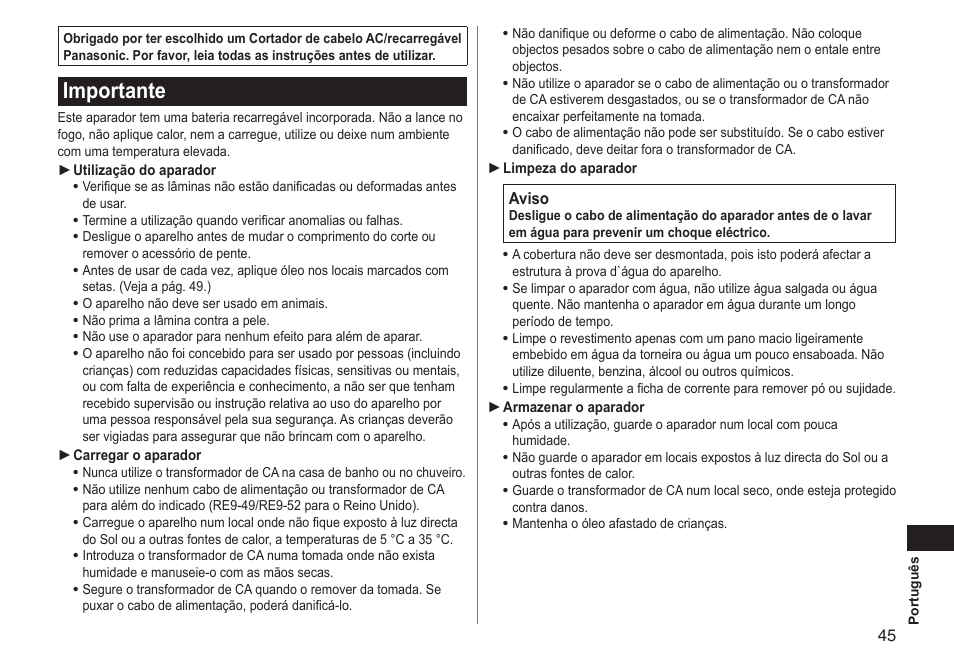 Importante | Panasonic ERGC70 User Manual | Page 45 / 120