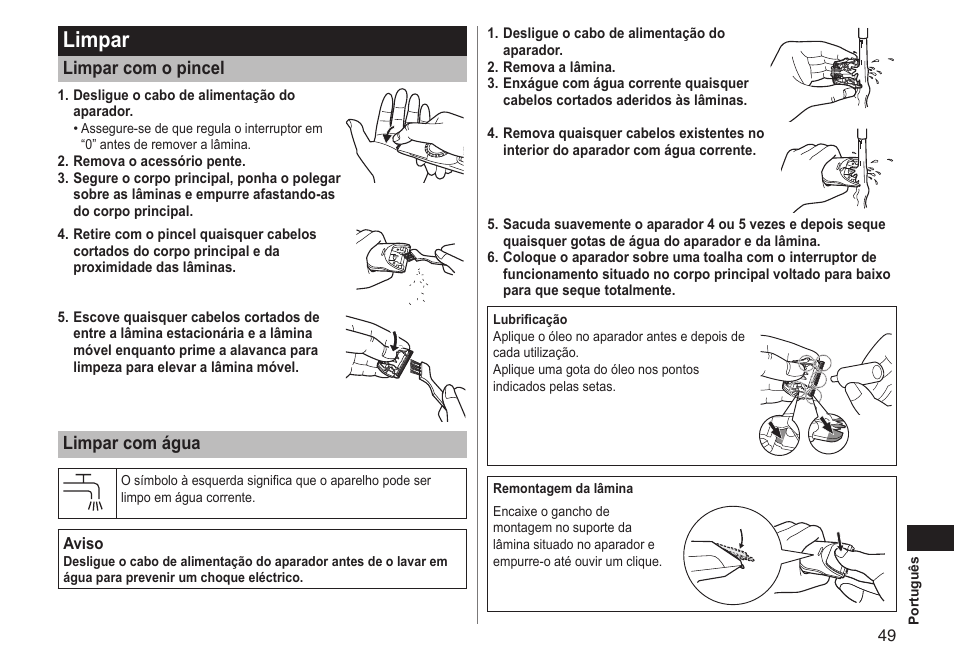 Limpar, Limpar com o pincel, Limpar com água | Panasonic ERGC70 User Manual | Page 49 / 120