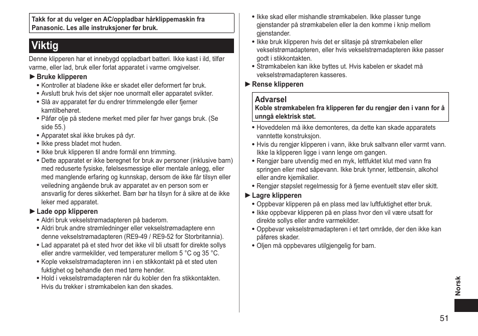 Viktig | Panasonic ERGC70 User Manual | Page 51 / 120