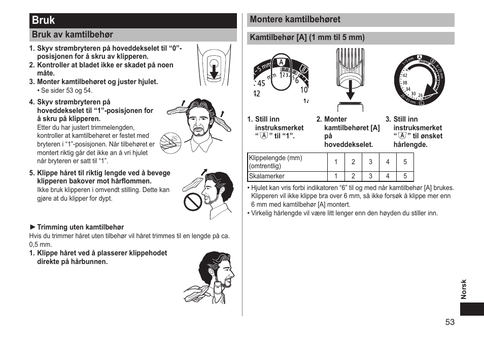 Bruk, Montere kamtilbehøret, Bruk av kamtilbehør | Panasonic ERGC70 User Manual | Page 53 / 120