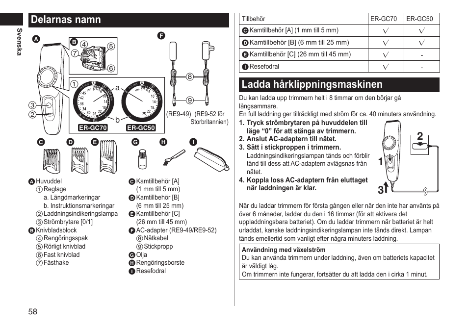 Delarnas namn, Ladda hårklippningsmaskinen | Panasonic ERGC70 User Manual | Page 58 / 120
