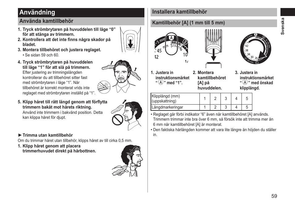 Användning, Installera kamtillbehör, Använda kamtillbehör | Panasonic ERGC70 User Manual | Page 59 / 120