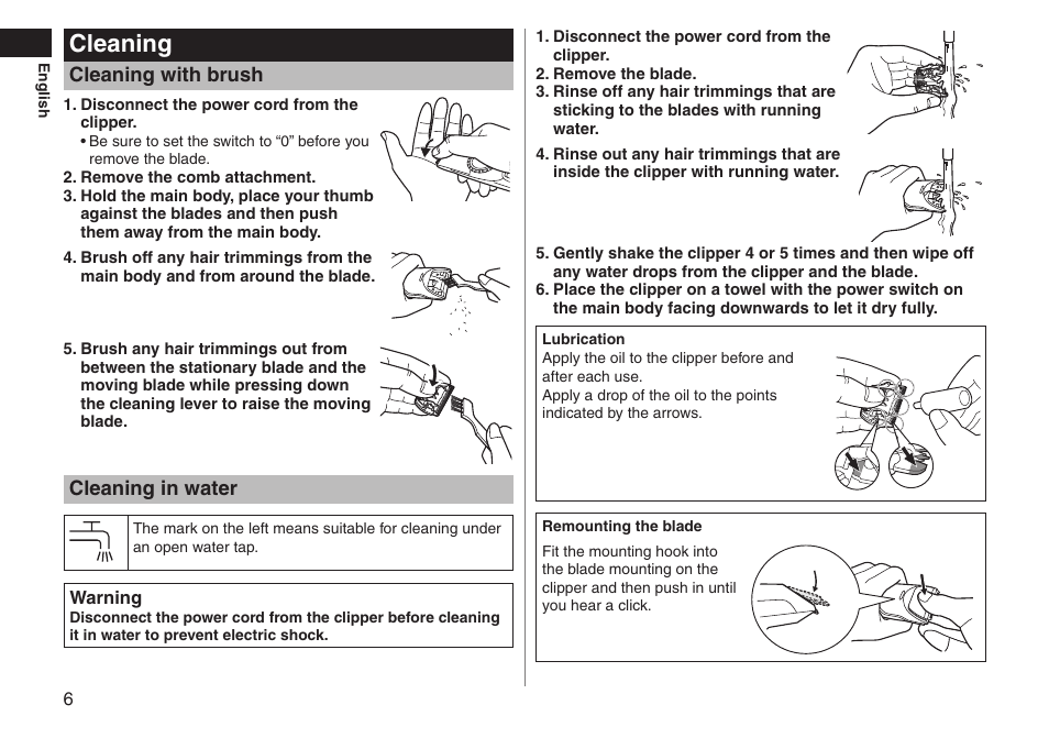 Cleaning, Cleaning with brush, Cleaning in water | Panasonic ERGC70 User Manual | Page 6 / 120