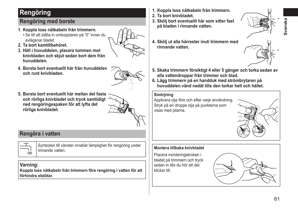 Rengöring, Rengöring med borste, Rengöra i vatten | Panasonic ERGC70 User Manual | Page 61 / 120