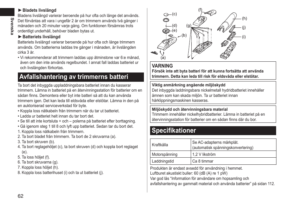 Avfallshantering av trimmerns batteri, Specifikationer | Panasonic ERGC70 User Manual | Page 62 / 120