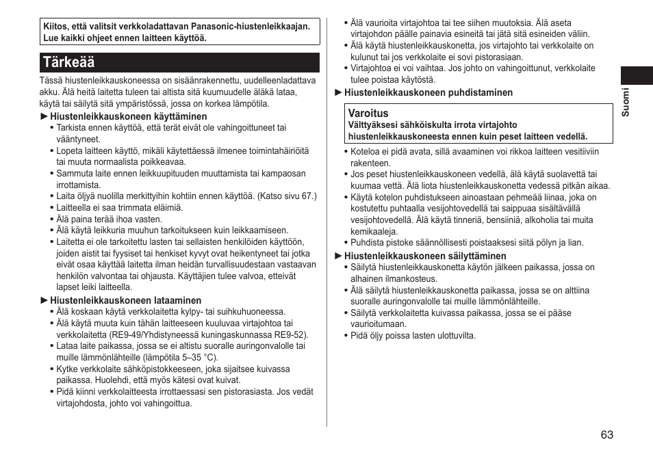 Tärkeää | Panasonic ERGC70 User Manual | Page 63 / 120