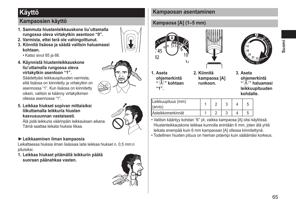 Käyttö, Kampaosan asentaminen, Kampaosien käyttö | Panasonic ERGC70 User Manual | Page 65 / 120