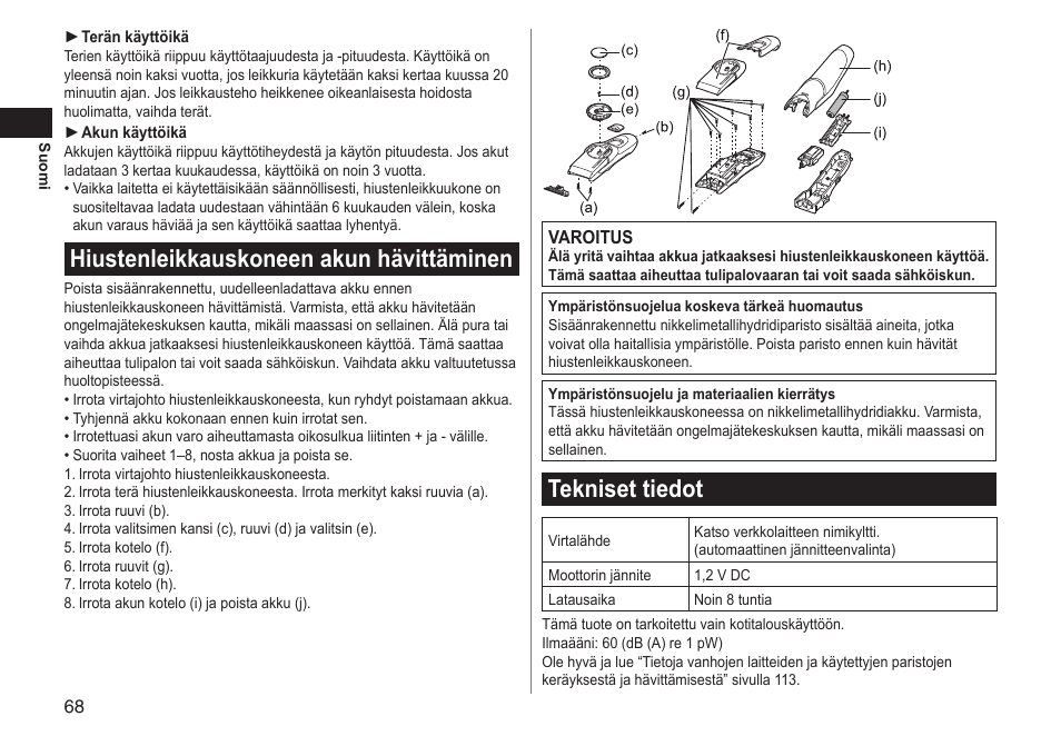 Hiustenleikkauskoneen akun hävittäminen, Tekniset tiedot | Panasonic ERGC70 User Manual | Page 68 / 120