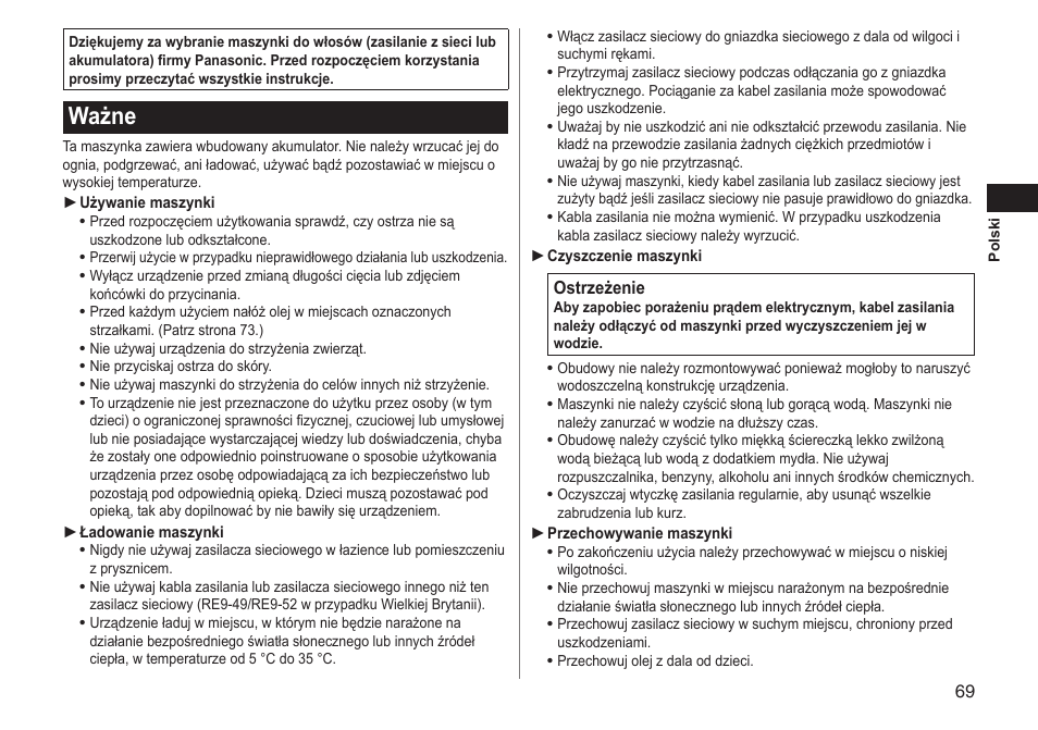 Ważne | Panasonic ERGC70 User Manual | Page 69 / 120