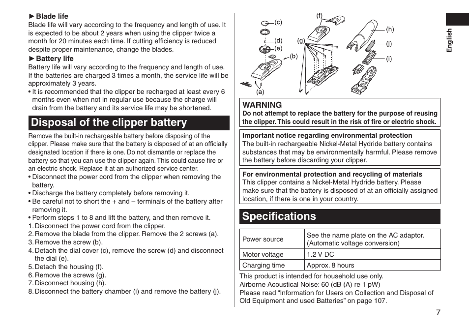Disposal of the clipper battery, Specifications | Panasonic ERGC70 User Manual | Page 7 / 120