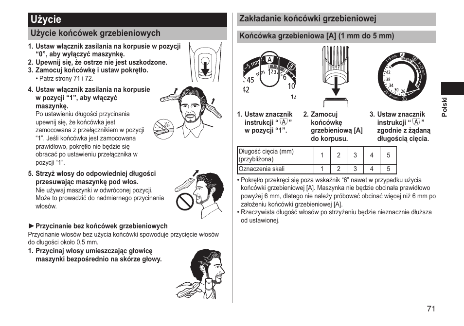 Użycie, Zakładanie końcówki grzebieniowej, Użycie końcówek grzebieniowych | Panasonic ERGC70 User Manual | Page 71 / 120