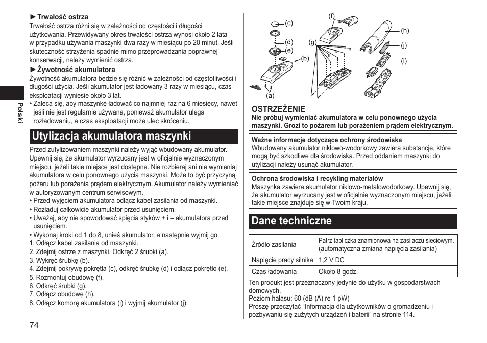 Utylizacja akumulatora maszynki, Dane techniczne | Panasonic ERGC70 User Manual | Page 74 / 120