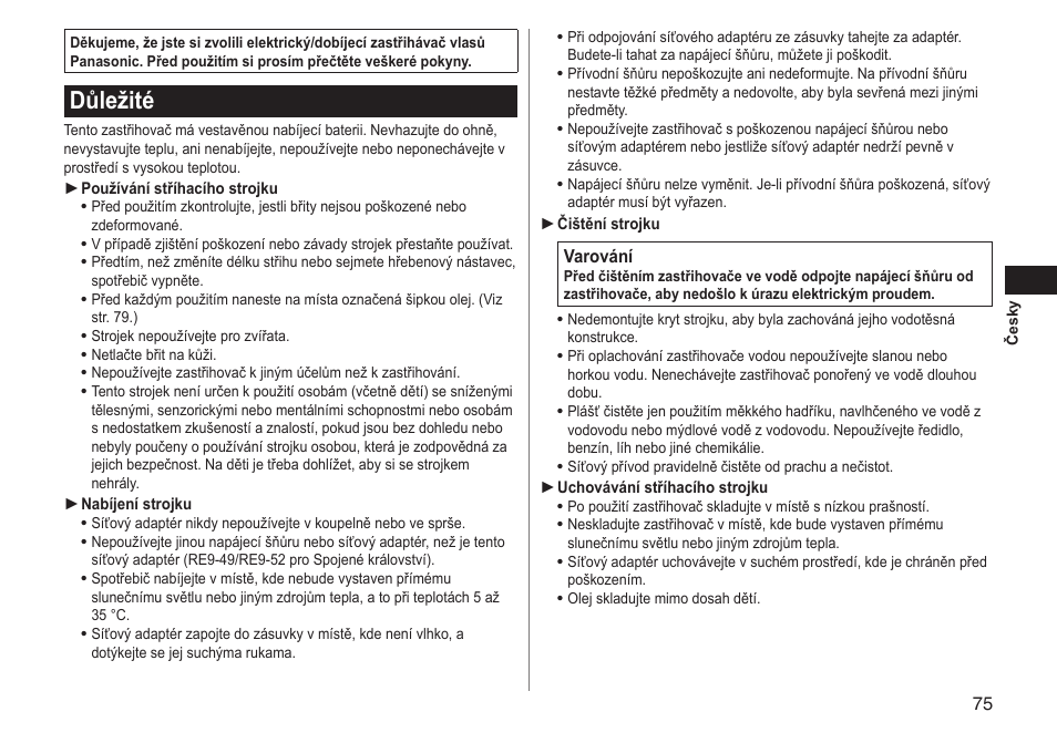 Důležité | Panasonic ERGC70 User Manual | Page 75 / 120