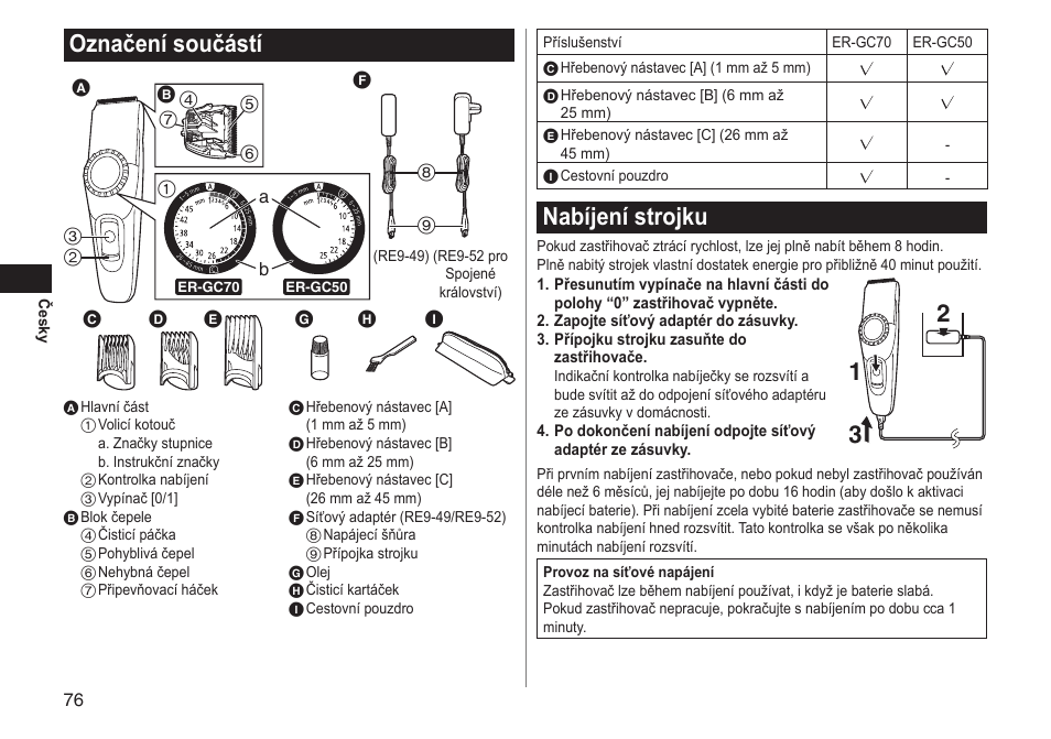 Označení součástí, Nabíjení strojku | Panasonic ERGC70 User Manual | Page 76 / 120