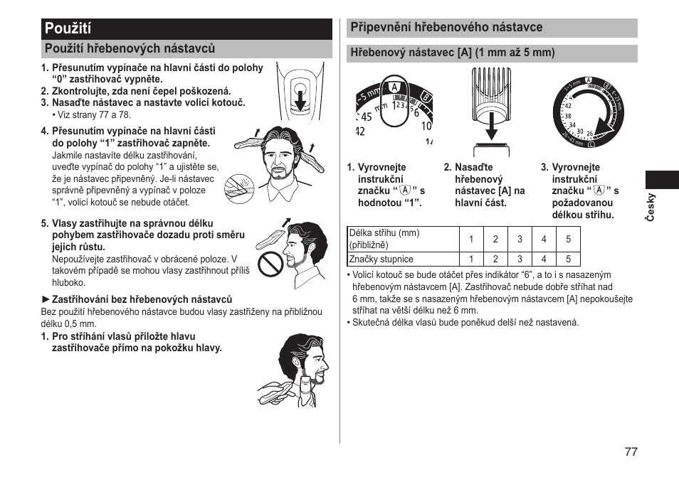 Použití, Připevnění hřebenového nástavce, Použití hřebenových nástavců | Panasonic ERGC70 User Manual | Page 77 / 120