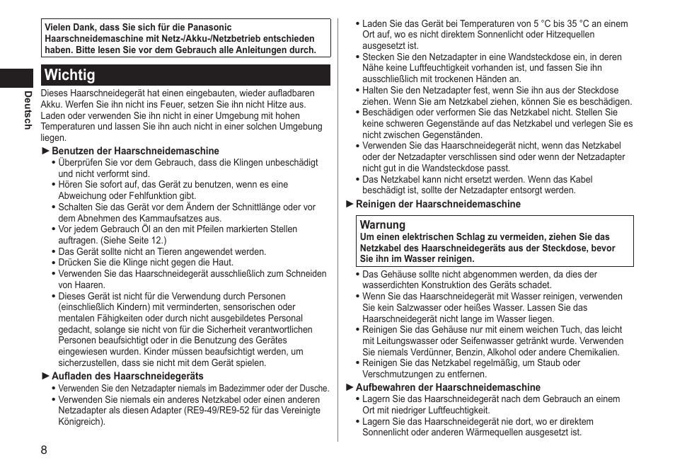 Wichtig | Panasonic ERGC70 User Manual | Page 8 / 120