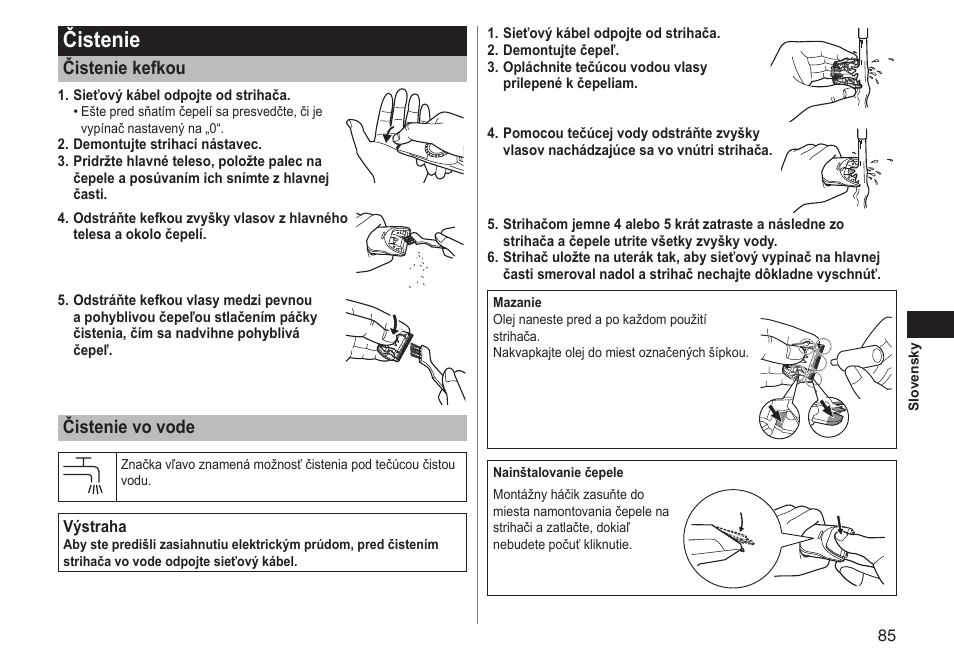 Čistenie, Čistenie kefkou, Čistenie vo vode | Panasonic ERGC70 User Manual | Page 85 / 120