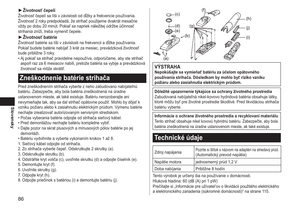 Zneškodnenie batérie strihača, Technické údaje | Panasonic ERGC70 User Manual | Page 86 / 120