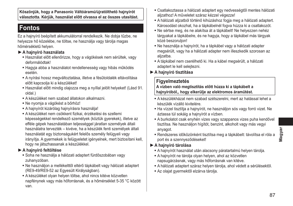 Fontos | Panasonic ERGC70 User Manual | Page 87 / 120
