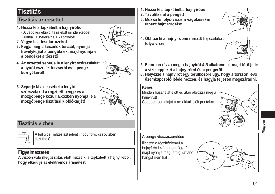 Tisztítás, Tisztítás az ecsettel, Tisztítás vízben | Panasonic ERGC70 User Manual | Page 91 / 120