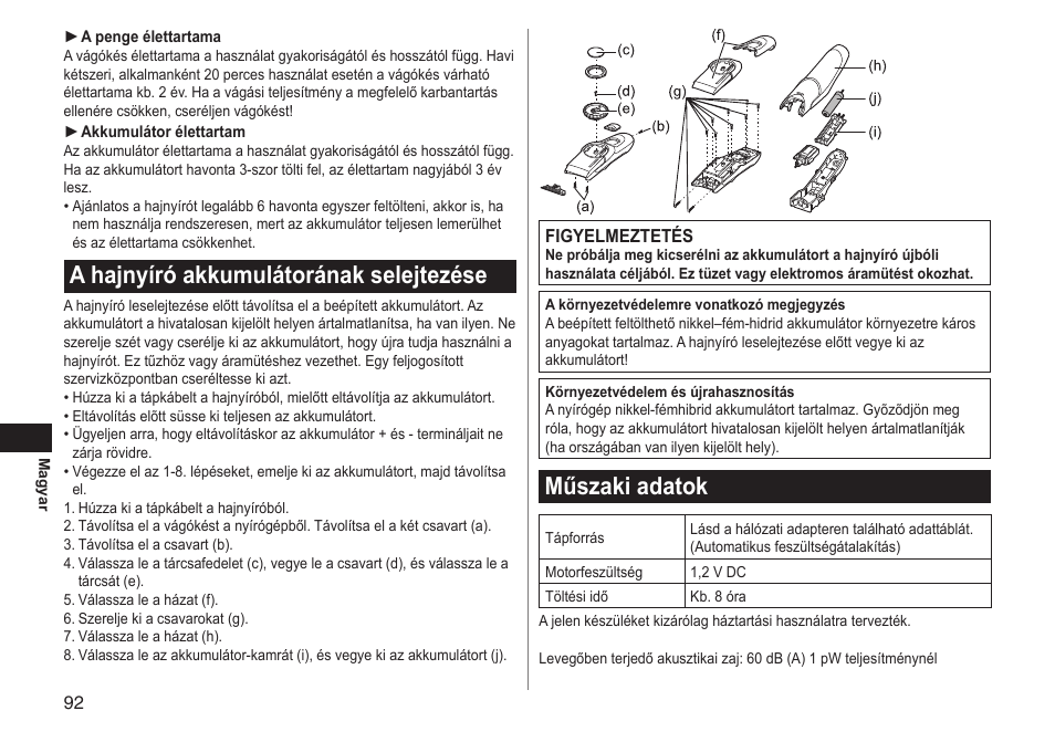 A hajnyíró akkumulátorának selejtezése, Műszaki adatok | Panasonic ERGC70 User Manual | Page 92 / 120