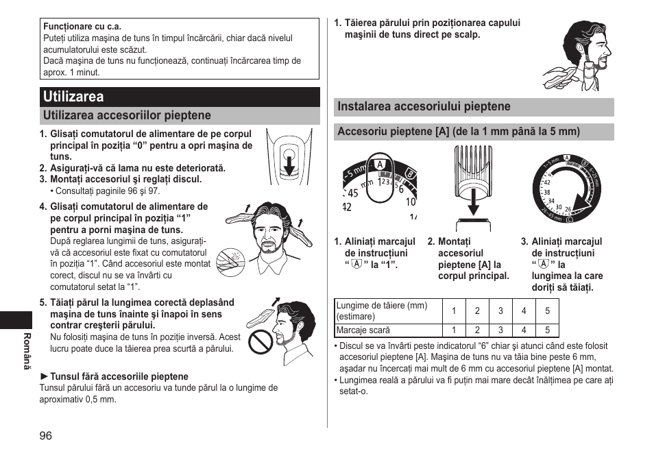 Utilizarea, Instalarea accesoriului pieptene, Utilizarea accesoriilor pieptene | Panasonic ERGC70 User Manual | Page 96 / 120