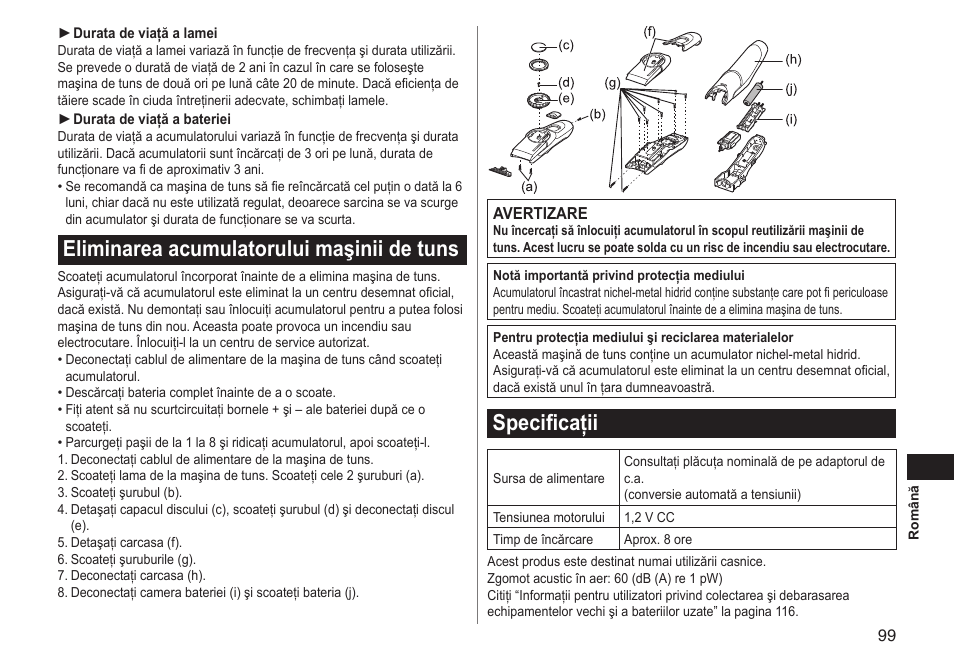 Eliminarea acumulatorului maşinii de tuns, Specificaţii | Panasonic ERGC70 User Manual | Page 99 / 120