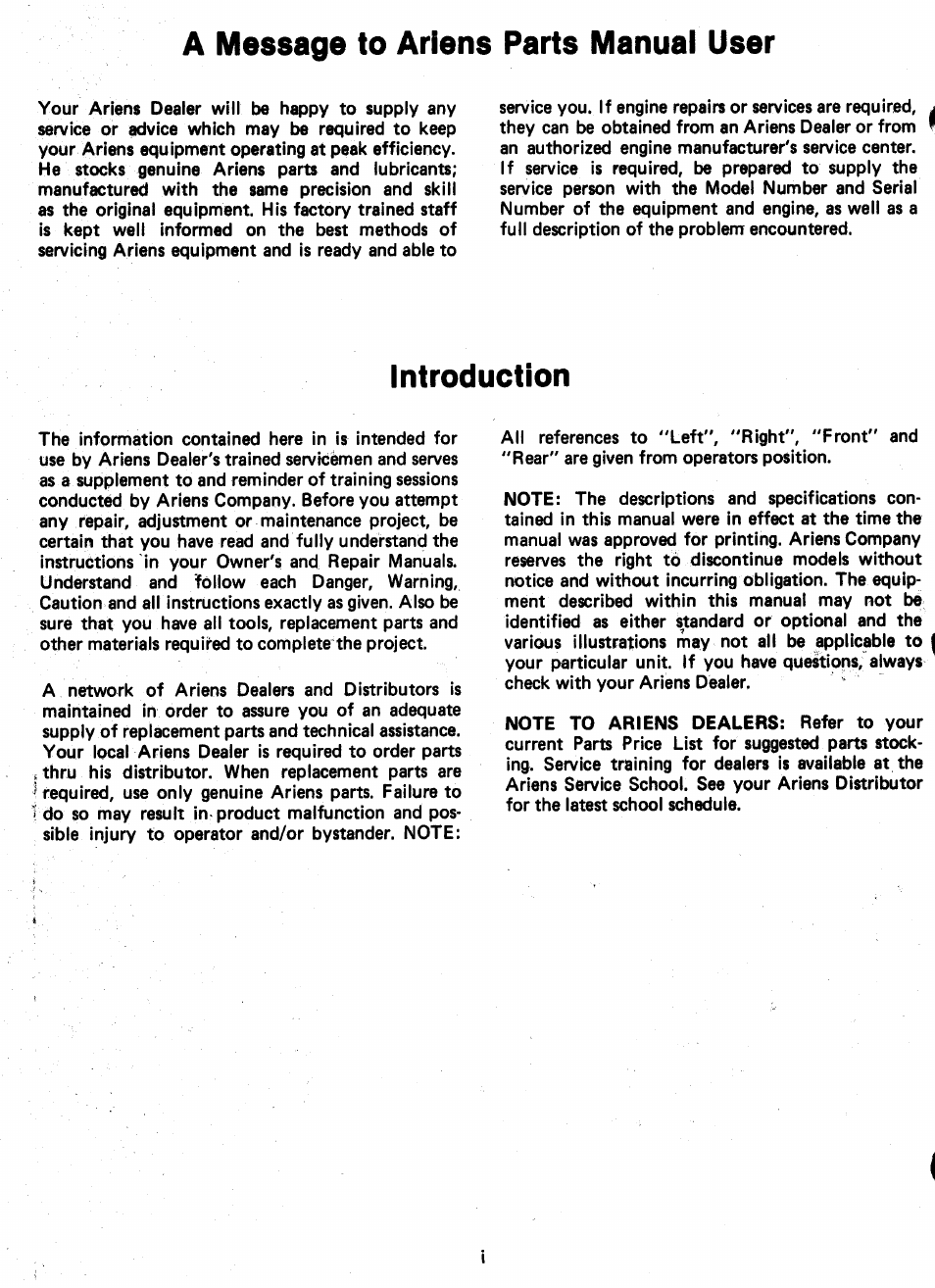 A message to arlens parts manual user, Introduction | Ariens SNO-THRO 924 User Manual | Page 2 / 29