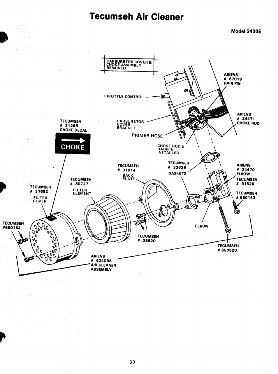 Tecumseh air cleaner | Ariens SNO-THRO 924 User Manual | Page 29 / 29