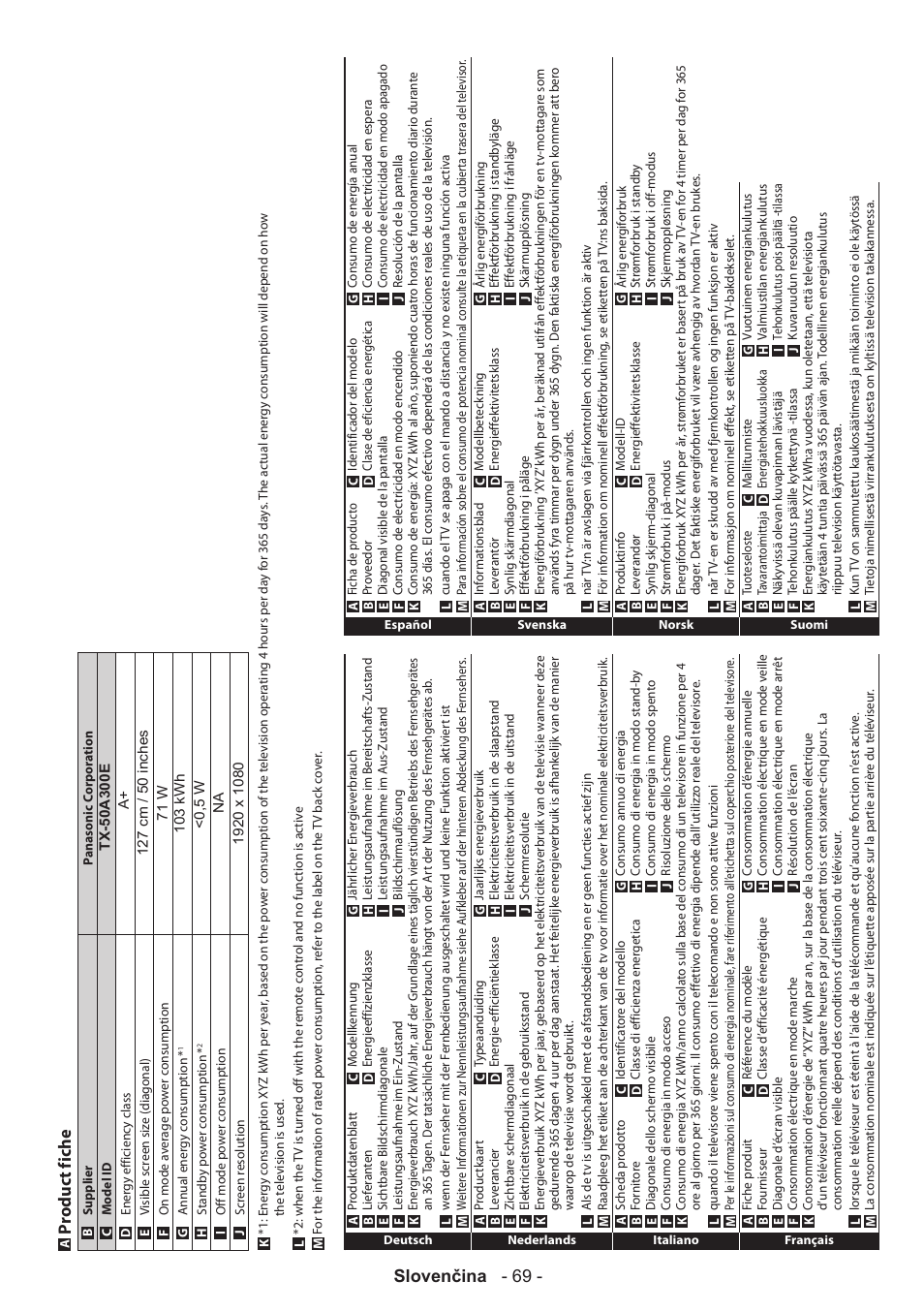 Slovenčina - 69, Produc t fiche | Panasonic TX50A300E User Manual | Page 70 / 72