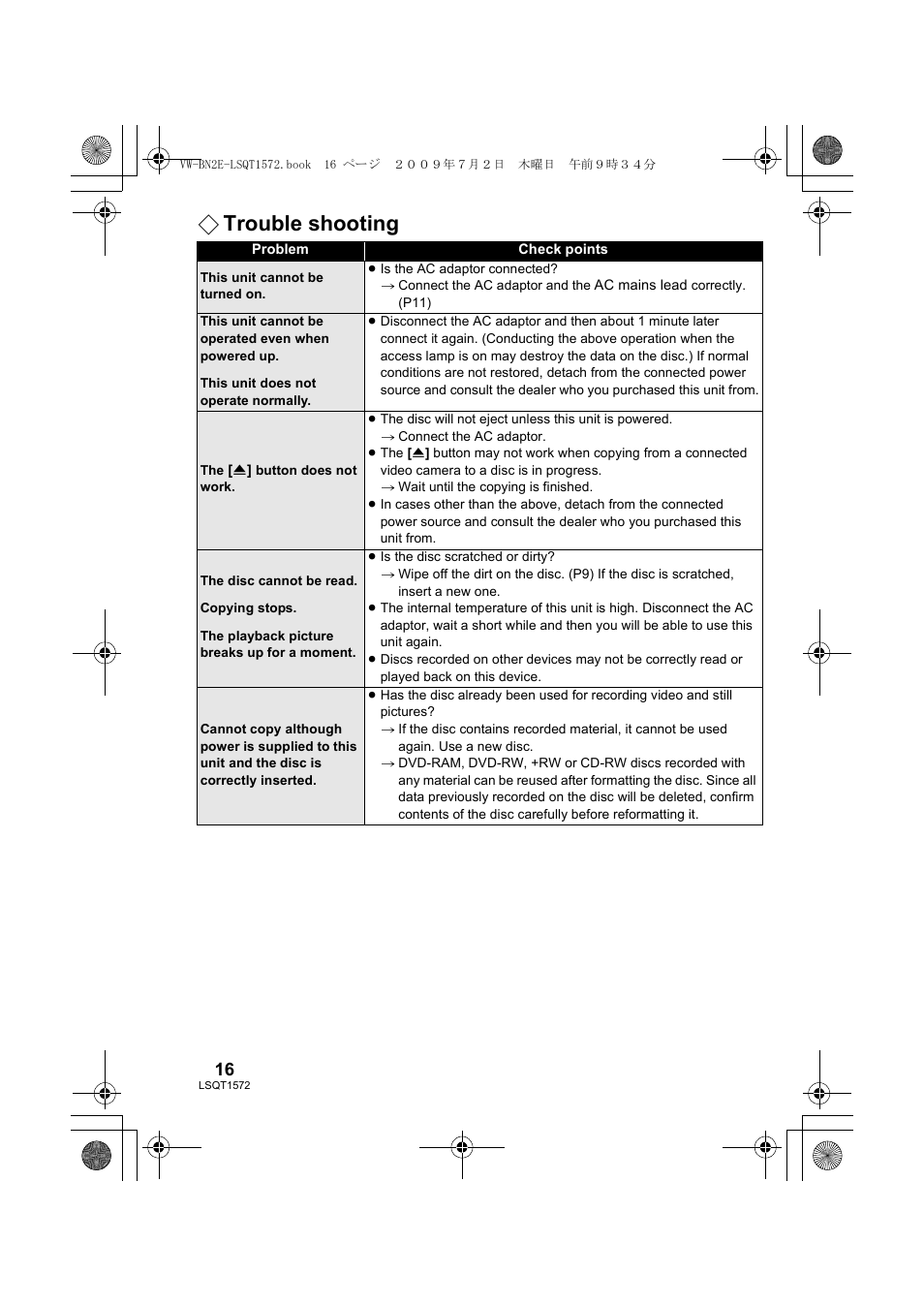 Trouble shooting | Panasonic VWBN2 User Manual | Page 16 / 104