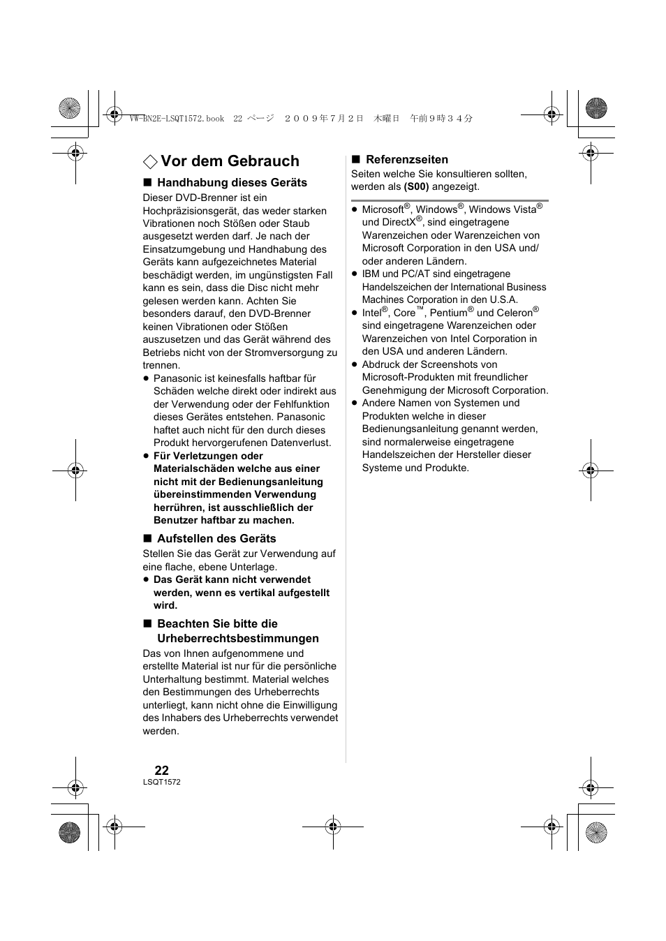 Vor dem gebrauch | Panasonic VWBN2 User Manual | Page 22 / 104