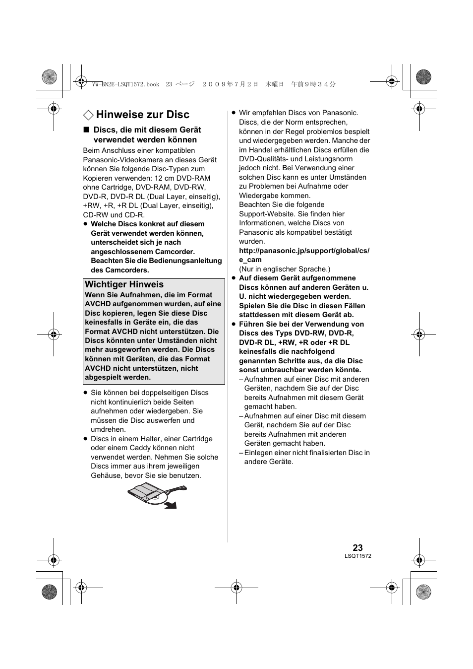 Hinweise zur disc | Panasonic VWBN2 User Manual | Page 23 / 104