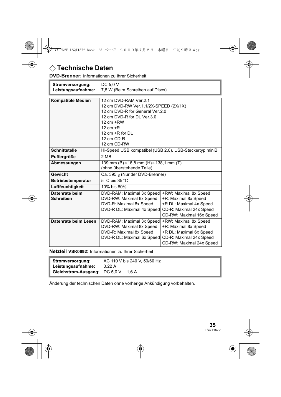 Technische daten | Panasonic VWBN2 User Manual | Page 35 / 104