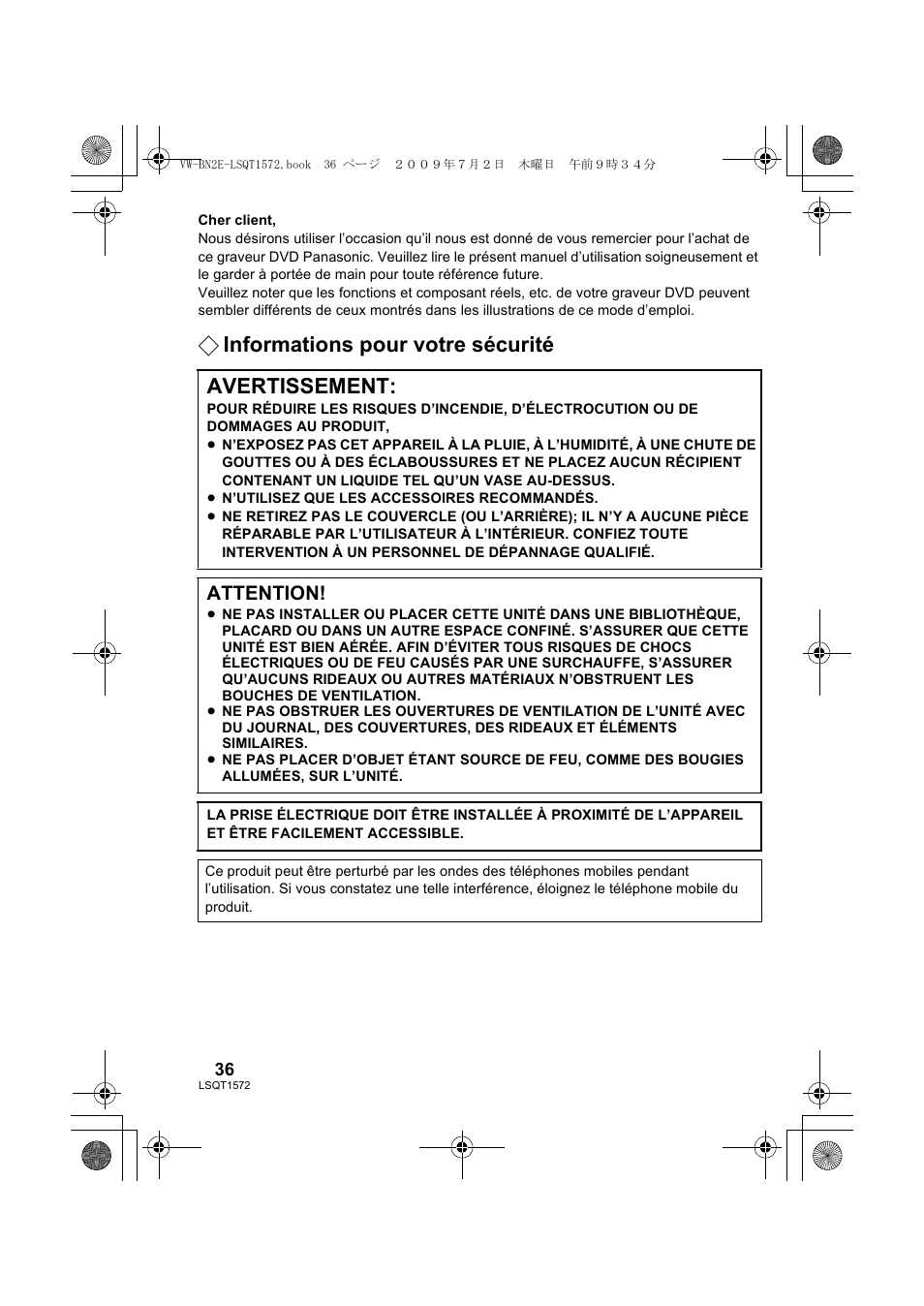 Informations pour votre sécurité avertissement, Attention | Panasonic VWBN2 User Manual | Page 36 / 104