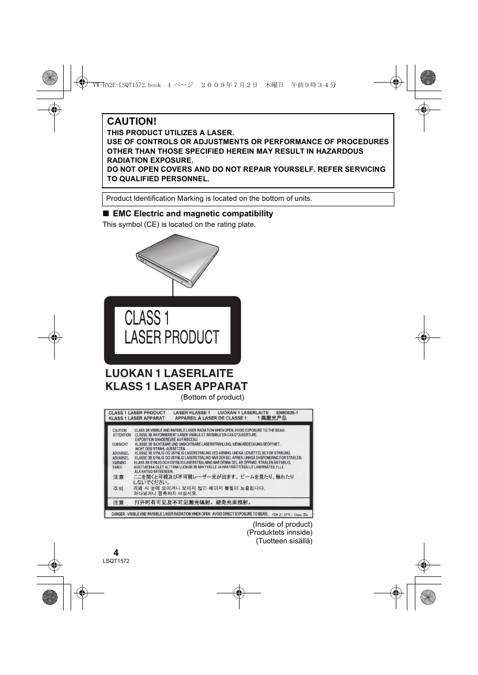 Luokan 1 laserlaite klass 1 laser apparat, Caution | Panasonic VWBN2 User Manual | Page 4 / 104