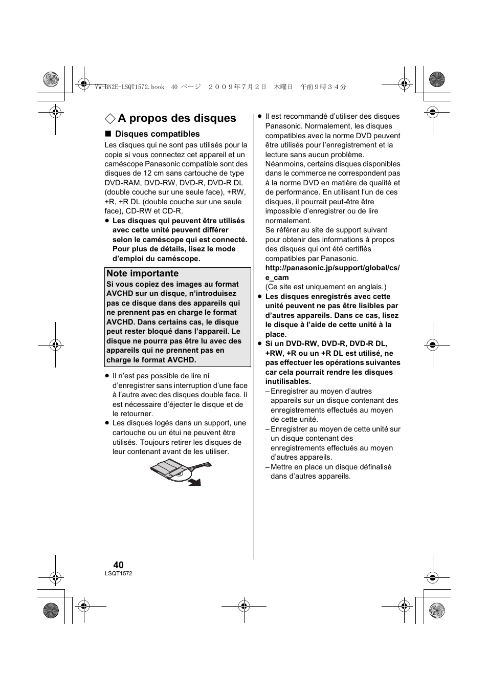 A propos des disques | Panasonic VWBN2 User Manual | Page 40 / 104