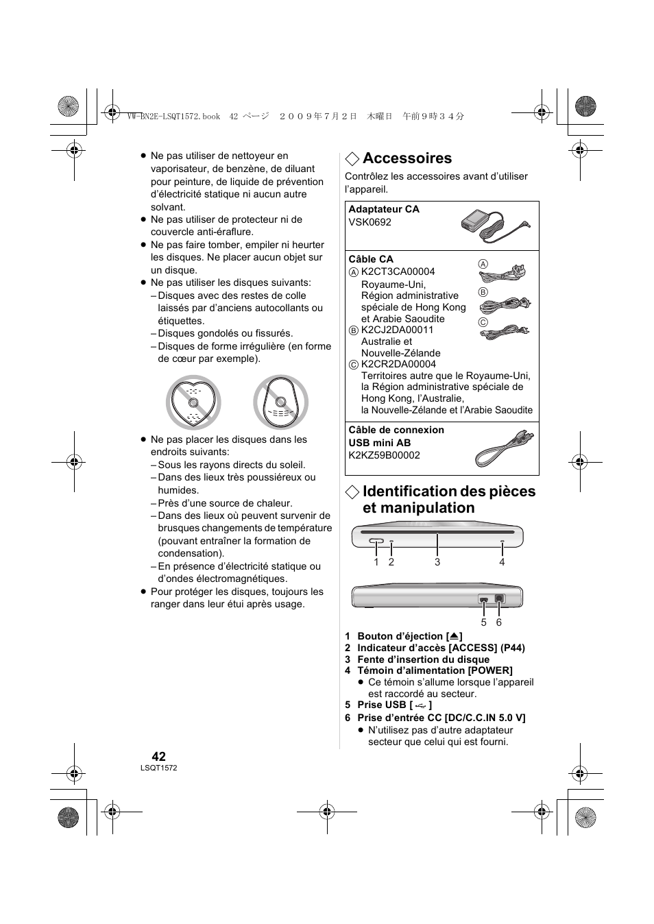 Accessoires, Identification des pièces et manipulation | Panasonic VWBN2 User Manual | Page 42 / 104
