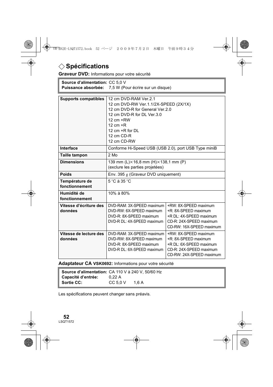 Spécifications | Panasonic VWBN2 User Manual | Page 52 / 104