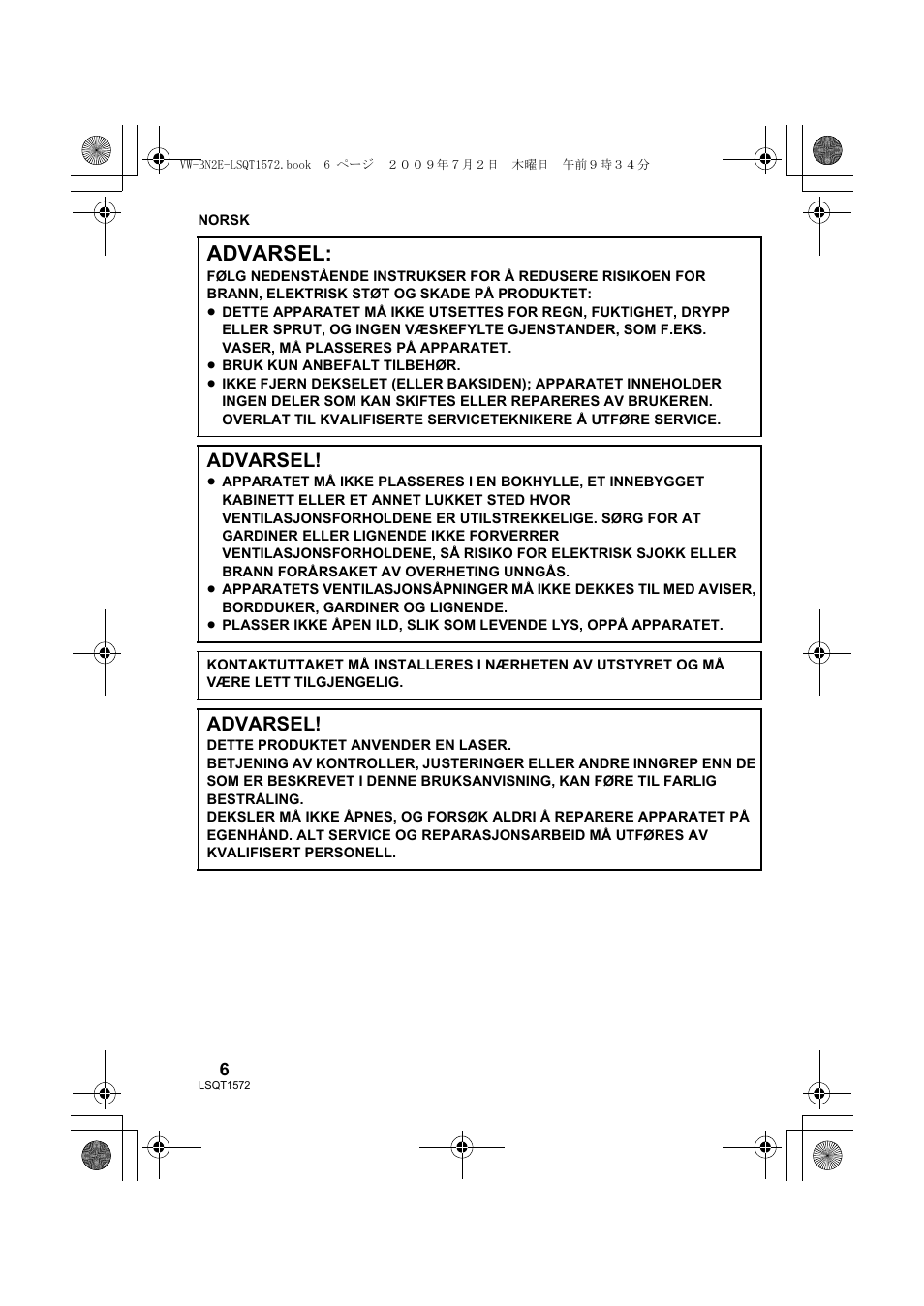 Advarsel | Panasonic VWBN2 User Manual | Page 6 / 104