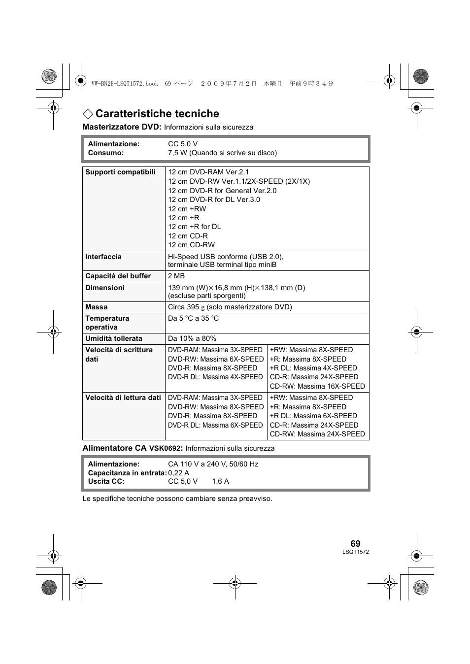Caratteristiche tecniche | Panasonic VWBN2 User Manual | Page 69 / 104