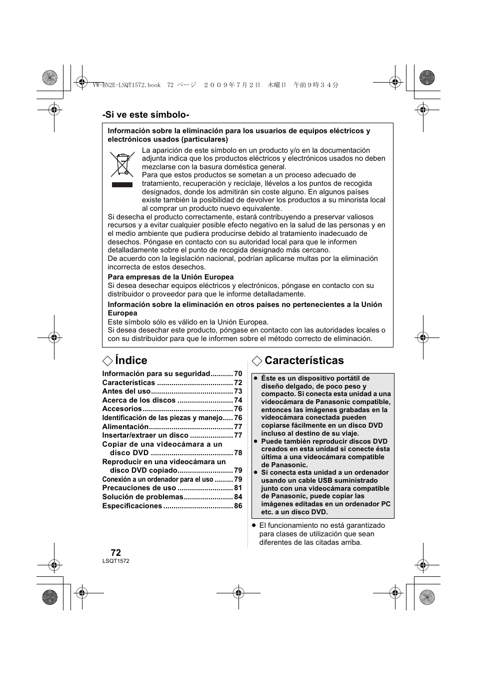 Índice, Características | Panasonic VWBN2 User Manual | Page 72 / 104