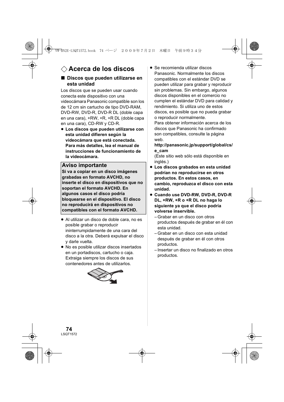 Acerca de los discos | Panasonic VWBN2 User Manual | Page 74 / 104