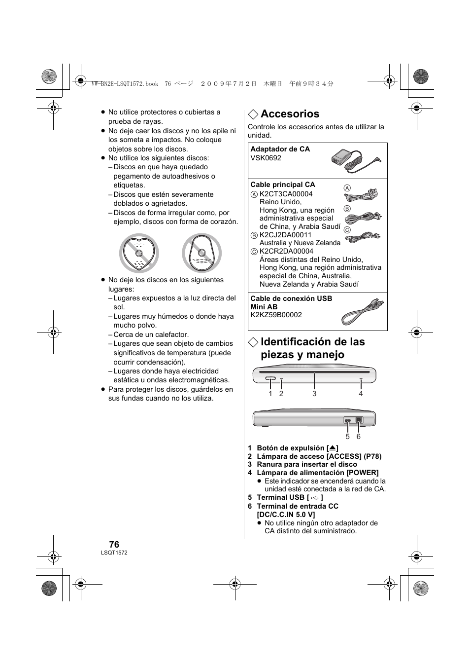 Accesorios, Identificación de las piezas y manejo | Panasonic VWBN2 User Manual | Page 76 / 104