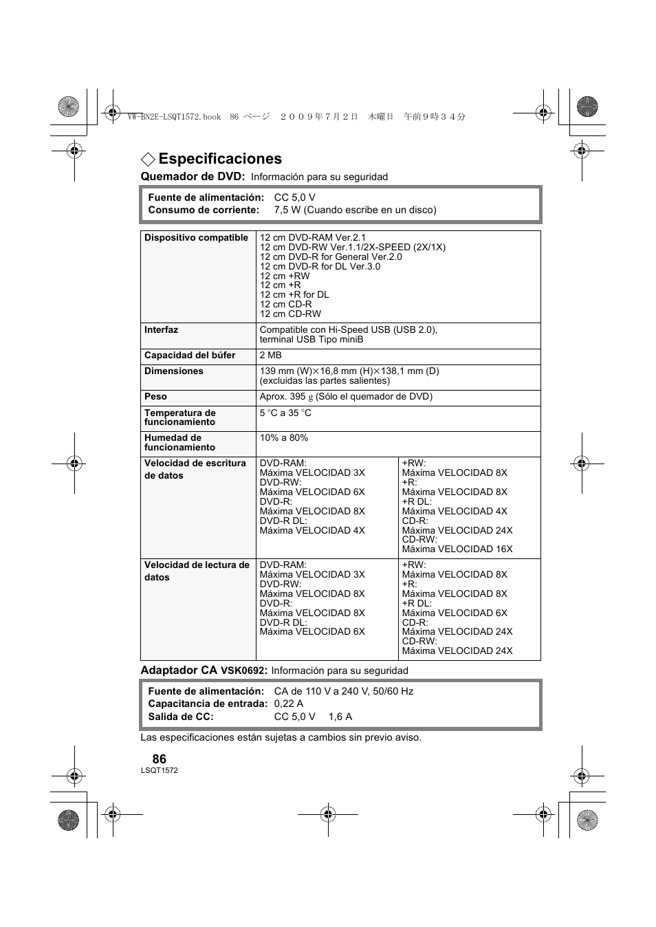 Especificaciones | Panasonic VWBN2 User Manual | Page 86 / 104